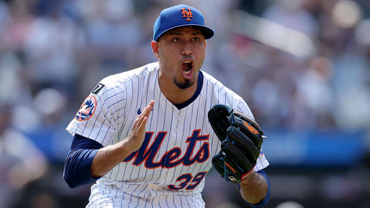 Jun 12, 2025; New York City, New York, USA; New York Mets relief pitcher Edwin Diaz (39) reacts after getting the final out of the game against the Washington Nationals at Citi Field. Mandatory Credit: Brad Penner-Imagn Images