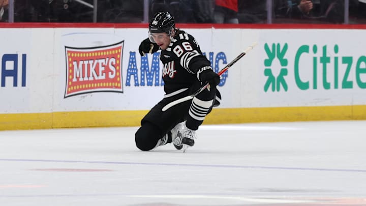 Dec 21, 2025; Newark, New Jersey, USA; New Jersey Devils center Jack Hughes (86) celebrates his goal against the Buffalo Sabres during the first period at Prudential Center. Mandatory Credit: Thomas Salus-Imagn Images Dec 21, 2025; Newark, New Jersey, USA; New Jersey Devils center Jack Hughes (86) celebrates his goal against the Buffalo Sabres during the first period at Prudential Center. Mandatory Credit: Thomas Salus-Imagn Images