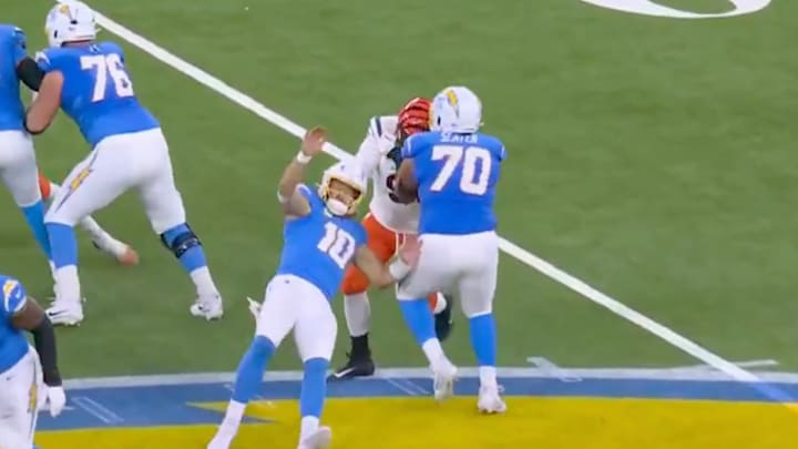 Chargers QB Justin Herbert is tackled by Bengals DE Trey Hendrickson in Week 11. Chargers QB Justin Herbert is tackled by Bengals DE Trey Hendrickson in Week 11.