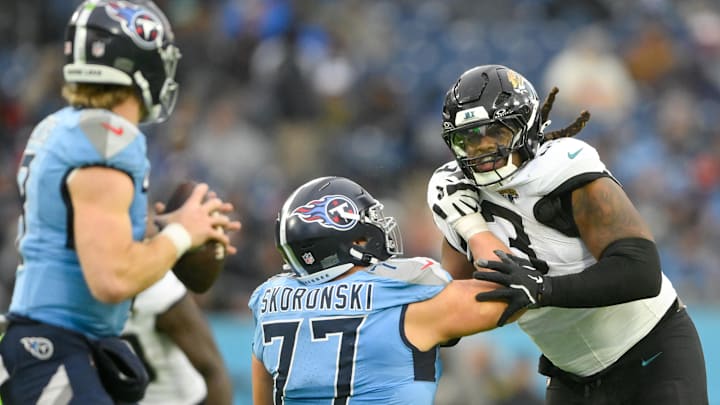 Dec 8, 2024; Nashville, Tennessee, USA;   Tennessee Titans offensive tackle Peter Skoronski (77) blocks Jacksonville Jaguars defensive tackle Tyler Lacy (93) during the second half at Nissan Stadium. Mandatory Credit: Steve Roberts-Imagn Images