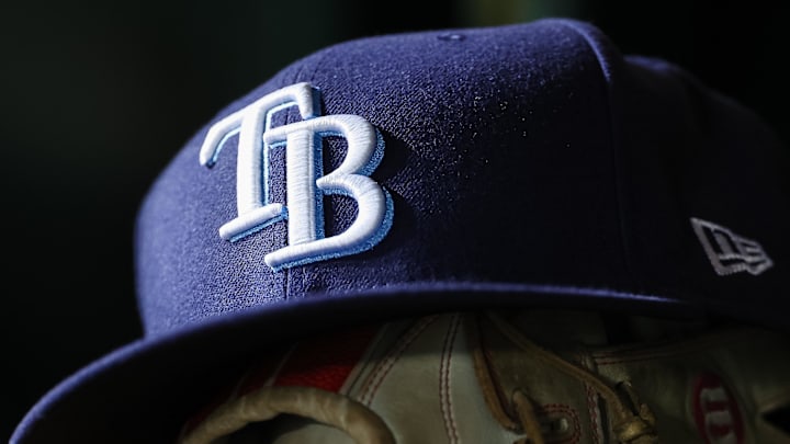 Apr 3, 2023; Washington, District of Columbia, USA; A general view of a Tampa Bay Rays hat and glove during the seventh inning of the game against the Washington Nationals at Nationals Park. 