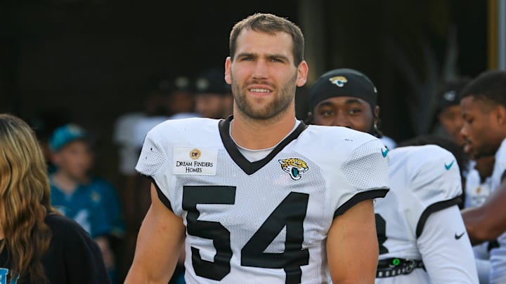 Jacksonville Jaguars linebacker Jack Kiser (54) walks on the field during an NFL scrimmage event at EverBank Stadium, Friday, Aug. 1, 2025, in Jacksonville, Fla. [Corey Perrine/Florida Times-Union]