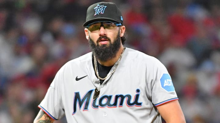 Apr 10, 2023; Philadelphia, Pennsylvania, USA; Miami Marlins starting pitcher Devin Smeltzer (38) against the Philadelphia Phillies during the sixth inning at Citizens Bank Park