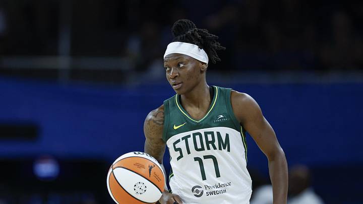 Aug 19, 2025; Chicago, Illinois, USA; Seattle Storm guard Erica Wheeler (17) brings the ball up court against the Chicago Sky during the second half at Wintrust Arena. Mandatory Credit: Kamil Krzaczynski-Imagn Images