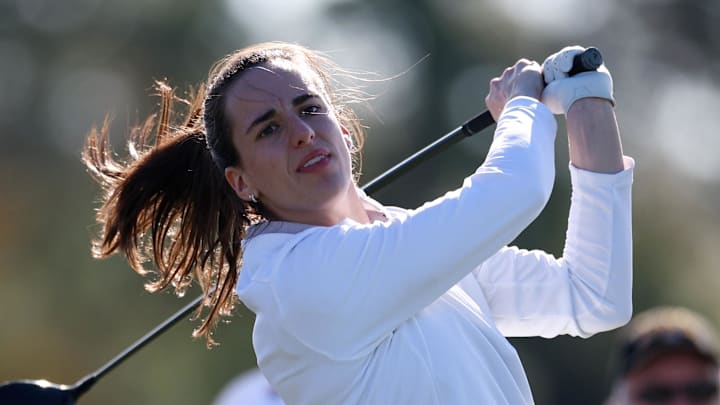 Nov 13, 2024; Belleair, Florida, USA; Indiana Fever guard Caitlin Clark (22) participates in The Annika golf tournament Pro Am at Pelican Golf Club. Mandatory Credit: Nathan Ray Seebeck-Imagn Images