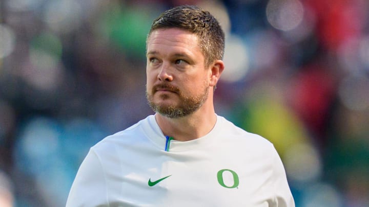 Oregon head coach Dan Lanning walks the field during warmups as the Oregon Ducks take on the Texas Tech Red Raiders in the Orange Bowl on Jan. 1, 2026, at Hard Rock Stadium in Miami, Florida.