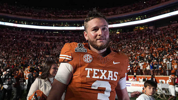 Texas Longhorns quarterback Quinn Ewers (3) leaves the field after the 38-24 win over Clemson in the first round of the College Football Playoffs at Darrell K Royal-Texas Memorial Stadium on Saturday, Dec. 21, 2024.