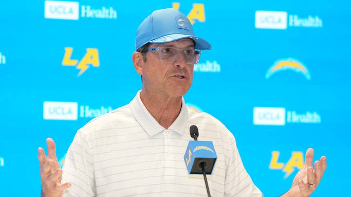 Jan 15, 2026; El Segundo, CA, USA; Los Angeles Chargers coach Jim Harbaugh at press conference at The Bolt. Mandatory Credit: Kirby Lee-Imagn Images Jan 15, 2026; El Segundo, CA, USA; Los Angeles Chargers coach Jim Harbaugh at press conference at The Bolt. Mandatory Credit: Kirby Lee-Imagn Images