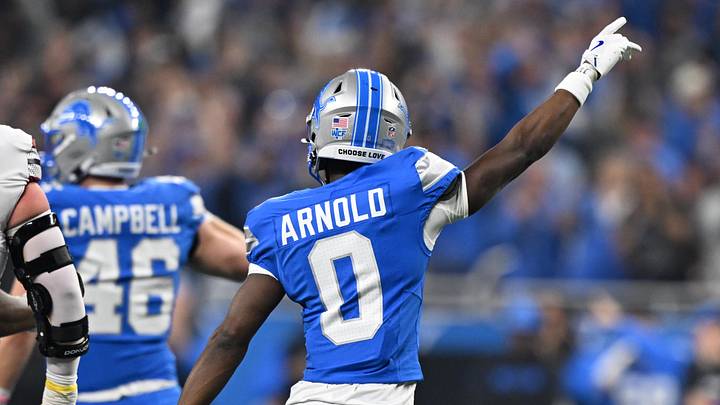 Jan 18, 2025; Detroit, Michigan, USA; Detroit Lions corner back Terrion Arnold (0) celebrates after a fourth down stop against the Washington Commanders during the first quarter in a 2025 NFC divisional round game at Ford Field. Mandatory Credit: Lon Horwedel-Imagn Images Jan 18, 2025; Detroit, Michigan, USA; Detroit Lions corner back Terrion Arnold (0) celebrates after a fourth down stop against the Washington Commanders during the first quarter in a 2025 NFC divisional round game at Ford Field. Mandatory Credit: Lon Horwedel-Imagn Images