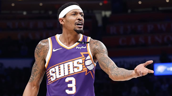 Feb 5, 2025; Oklahoma City, Oklahoma, USA; Phoenix Suns guard Bradley Beal (3) reacts to an officials play during the second half of a game against the Oklahoma City Thunder at Paycom Center. Mandatory Credit: Alonzo Adams-Imagn Images