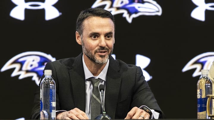 Jan 29, 2026; Owings Mills, MD, USA; Jesse Minter smiling during opening remarks at press conference at Under Armour Performance Center. Mandatory Credit: Lexi Thompson-Imagn Images