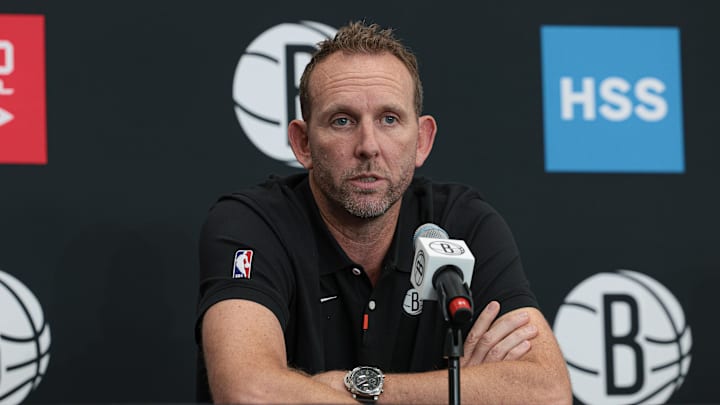 Sep 26, 2022; Brooklyn, NY, USA; Brooklyn Nets general manager Sean Marks talks to the media during media day at HSS Training Center. Mandatory Credit: Vincent Carchietta-Imagn Images