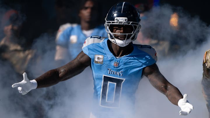 Nov 16, 2025; Nashville, Tennessee, USA;  Tennessee Titans wide receiver Calvin Ridley (0) takes the field against the Houston Texans during the first half at Nissan Stadium.