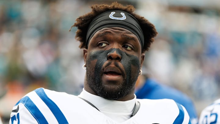 Dec 7, 2025; Jacksonville, Florida, USA; Indianapolis Colts defensive end Kwity Paye (51) looks on before a game against the Jacksonville Jaguars at EverBank Stadium.