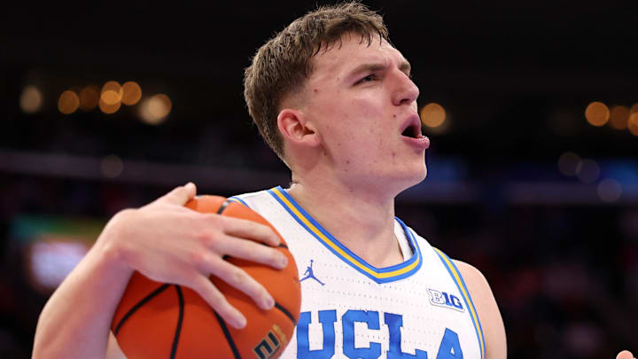 Nov 14, 2025; Inglewood, California, USA;  UCLA Bruins forward Tyler Bilodeau (34) reacts to a play during the first half of the Hall of Fame Series game against the Arizona Wildcats at Intuit Dome. Mandatory Credit: Kiyoshi Mio-Imagn Images