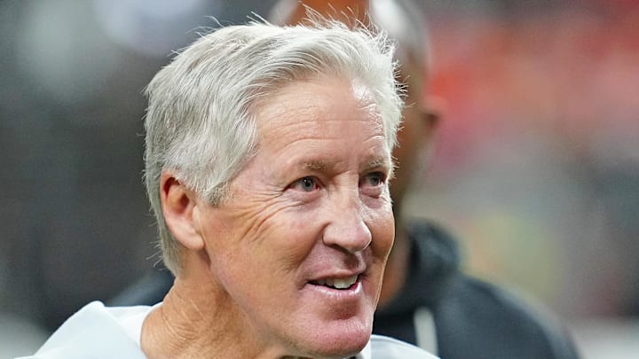 Jan 4, 2026; Paradise, Nevada, USA; Las Vegas Raiders head coach Pete Carroll walks off the field after the Raiders defeated the Kansas City Chiefs 14-12 at Allegiant Stadium. Mandatory Credit: Stephen R. Sylvanie-Imagn Images