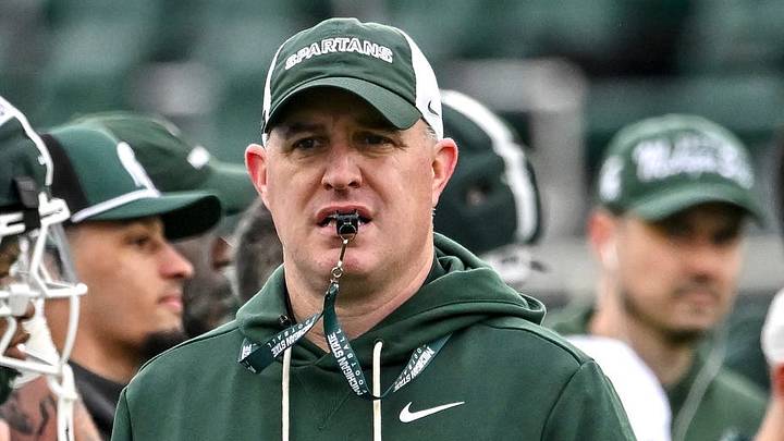 Michigan State's head coach Pat Fitzgerald looks on during the football Spring Showcase on Saturday, April 18, 2026, at Spartan Stadium in East Lansing. Michigan State's head coach Pat Fitzgerald looks on during the football Spring Showcase on Saturday, April 18, 2026, at Spartan Stadium in East Lansing.
