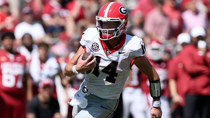 Georgia football Gunner Stockton runs against Arkansas. Georgia football Gunner Stockton runs against Arkansas.