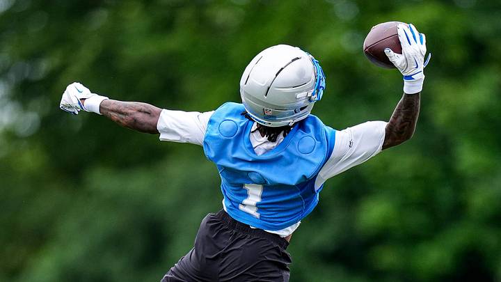 Detroit Lions wide receiver Jameson Williams (1) practices during mini camp at Meijer Performance Center in Allen Park on Wednesday, June 17, 2026.