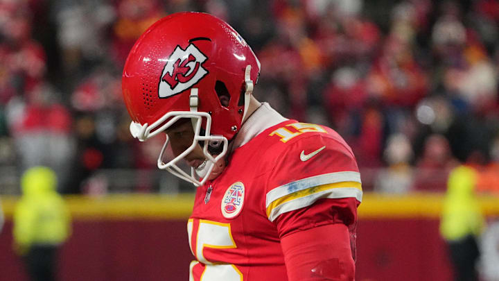Dec 7, 2025; Kansas City, Missouri, USA; Kansas City Chiefs quarterback Patrick Mahomes (15) lowers his head during the fourth quarter against the Houston Texans at GEHA Field at Arrowhead Stadium. Mandatory Credit: Denny Medley-Imagn Images Dec 7, 2025; Kansas City, Missouri, USA; Kansas City Chiefs quarterback Patrick Mahomes (15) lowers his head during the fourth quarter against the Houston Texans at GEHA Field at Arrowhead Stadium. Mandatory Credit: Denny Medley-Imagn Images