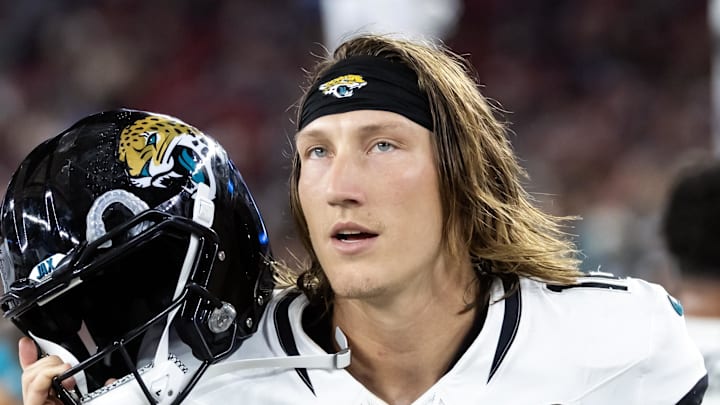 Nov 23, 2025; Glendale, Arizona, USA; Jacksonville Jaguars quarterback Trevor Lawrence (16) against the Arizona Cardinals at State Farm Stadium. Mandatory Credit: Mark J. Rebilas-Imagn Images