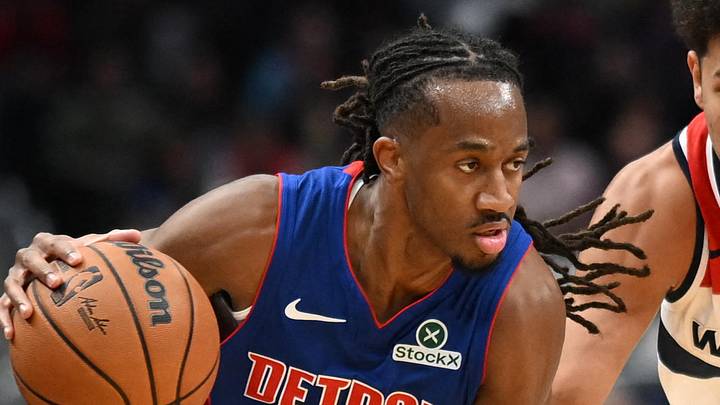 Oct 10, 2026; Washington, District of Columbia, USA;  Detroit Pistons guard Daniss Jenkins (24) dribbles the ball past Washington Wizards forward Kyshawn George (18) of during the first quarter at Capital One Arena.  Mandatory Credit: Rafael Suanes-Imagn Images