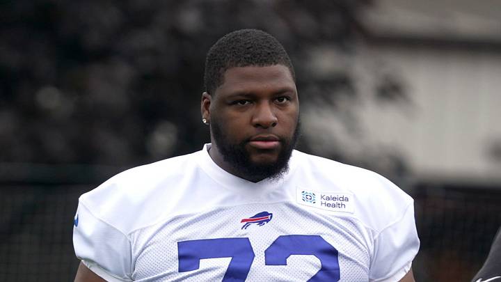 Bills Phidarian Mathis warms up before practice at Bills Training Camp at St. John Fisher University on July 30, 2026 in Pittsford.