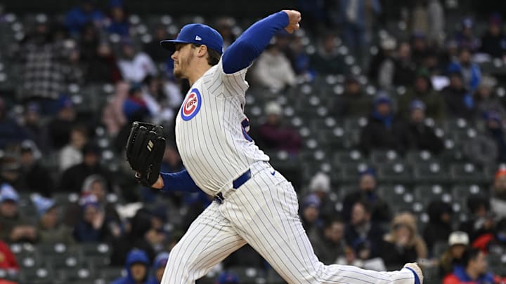 Apr 7, 2025; Chicago, Illinois, USA;  Chicago Cubs pitcher Justin Steele (35) delivers against the Texas Rangers during the first inning at Wrigley Field. 