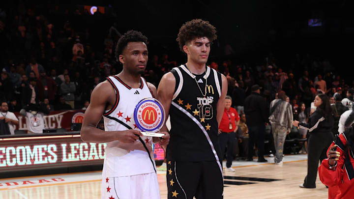 Apr 1, 2025; Brooklyn, NY, USA; McDonald's All American West guard Darryn Peterson (22) and McDonald's All American East forward Cameron Boozer (12) pose for photos after the game at Barclays Center. Mandatory Credit: Pamela Smith-Imagn Images Apr 1, 2025; Brooklyn, NY, USA; McDonald's All American West guard Darryn Peterson (22) and McDonald's All American East forward Cameron Boozer (12) pose for photos after the game at Barclays Center. Mandatory Credit: Pamela Smith-Imagn Images