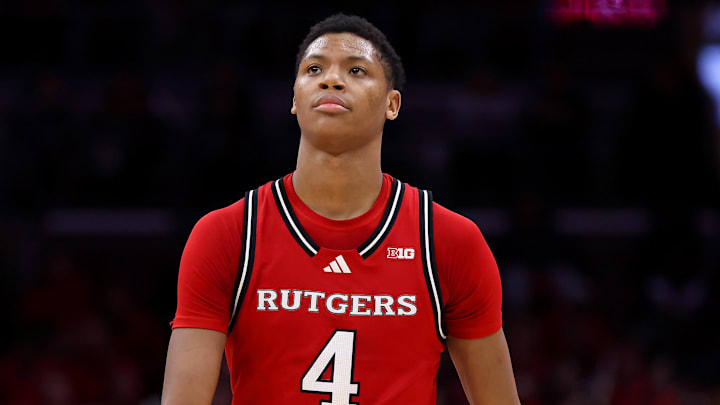 Dec 7, 2024; Columbus, Ohio, USA;  Rutgers Scarlet Knights guard Ace Bailey (4) looks on as time winds down during the second half against the Ohio State Buckeyes at Value City Arena. Mandatory Credit: Joseph Maiorana-Imagn Images