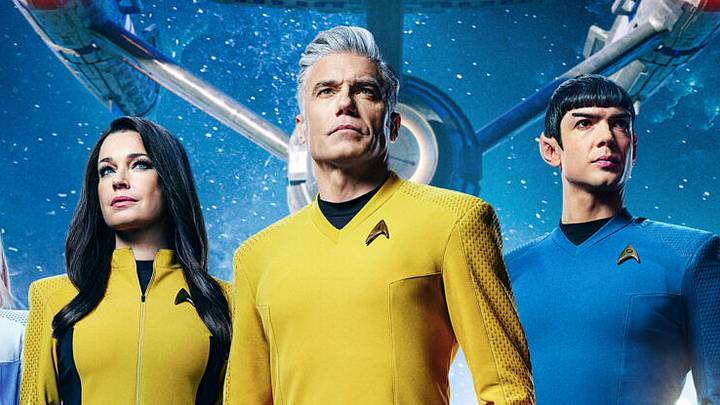 Key Art for Star Trek: Strange New Worlds Season 4, featuring Babs Olusanmokun as M’Benga, Melissa Navia as Ortegas, Jess Bush as Chapel, Rebecca Romijn as Una, Anson Mount as Captain Pike, Ethan Peck as Spock, Celia Rose Gooding as Uhura, Christina Chong as La’an and Paul Wesley as Kirk, streaming on Paramount+ 2026. Photo credit: Paramount+. Key Art for Star Trek: Strange New Worlds Season 4, featuring Babs Olusanmokun as M’Benga, Melissa Navia as Ortegas, Jess Bush as Chapel, Rebecca Romijn as Una, Anson Mount as Captain Pike, Ethan Peck as Spock, Celia Rose Gooding as Uhura, Christina Chong as La’an and Paul Wesley as Kirk, streaming on Paramount+ 2026. Photo credit: Paramount+.
