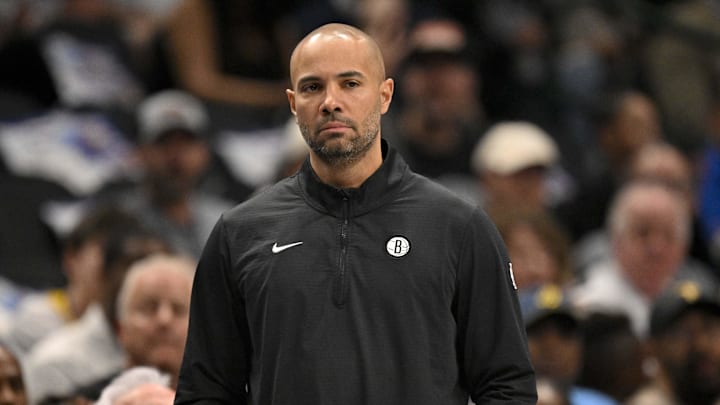 Mar 31, 2025; Dallas, Texas, USA; Brooklyn Nets head coach Jordi Fernandez during the game between the Dallas Mavericks and the Brooklyn Nets at the American Airlines Center. Mandatory Credit: Jerome Miron-Imagn Images
