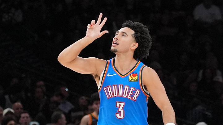 Oct 20, 2026; San Antonio, Texas, USA; Oklahoma City Thunder guard Jared McCain (3) celebrates in the second half against the San Antonio Spurs at Frost Bank Center. Mandatory Credit: Daniel Dunn-Imagn Images Oct 20, 2026; San Antonio, Texas, USA; Oklahoma City Thunder guard Jared McCain (3) celebrates in the second half against the San Antonio Spurs at Frost Bank Center. Mandatory Credit: Daniel Dunn-Imagn Images