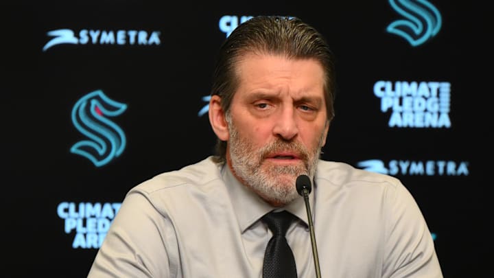 Jan 6, 2026; Seattle, Washington, USA; Seattle Kraken head coach Lane Lambert speaks to the media after the game against the Boston Bruins at Climate Pledge Arena. Mandatory Credit: Steven Bisig-Imagn Images