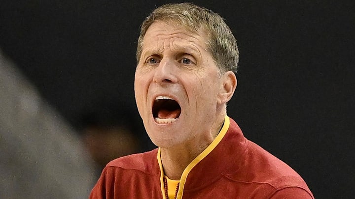 Feb 24, 2026; Los Angeles, California, USA; Southern California head coach Eric Musselman  communicates during the first half against the UCLA Bruins at Pauley Pavilion presented by Wescom Financial. Mandatory Credit: Robert Hanashiro-Imagn Images