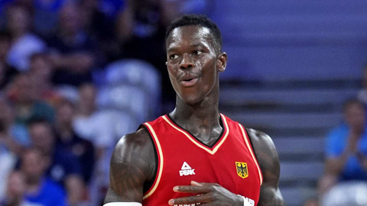 Jul 30, 2024; Villeneuve-d'Ascq, France; Germany point guard Dennis Schroder (17) reacts after making a three pointer against Brazil in men’s basketball group B play during the Paris 2024 Olympic Summer Games at Stade Pierre-Mauroy. Mandatory Credit: John David Mercer-Imagn Images Jul 30, 2024; Villeneuve-d'Ascq, France; Germany point guard Dennis Schroder (17) reacts after making a three pointer against Brazil in men’s basketball group B play during the Paris 2024 Olympic Summer Games at Stade Pierre-Mauroy. Mandatory Credit: John David Mercer-Imagn Images
