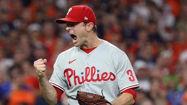 Oct 28, 2022; Houston, Texas, USA; Philadelphia Phillies relief pitcher David Robertson (30) reacts after defeating the Houston Astros in game one of the 2022 World Series at Minute Maid Park. Mandatory Credit: Troy Taormina-Imagn Images