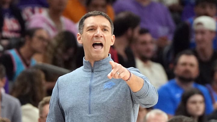 Apr 25, 2026; Phoenix, Arizona, USA; Oklahoma City Thunder head coach Mark Daigneault reacts to a play against the Phoenix Suns in the first half during game three of the first round of the 2026 NBA Playoffs at Mortgage Matchup Center. Mandatory Credit: Rick Scuteri-Imagn Images