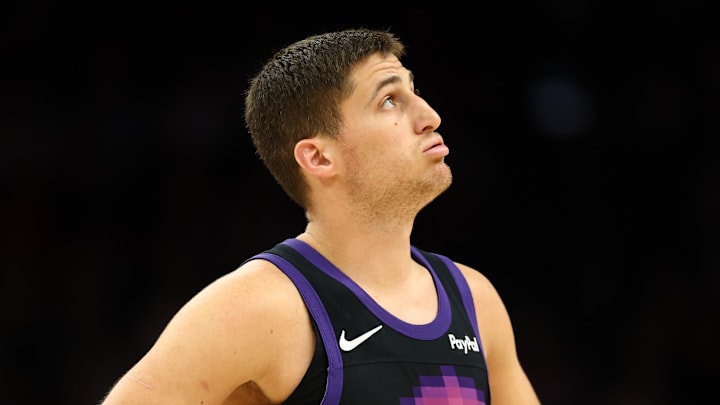 Feb 22, 2026; Phoenix, Arizona, USA; Phoenix Suns guard Collin Gillespie (12) reacts against the Portland Trail Blazers in the second half at Mortgage Matchup Center. Mandatory Credit: Mark J. Rebilas-Imagn Images