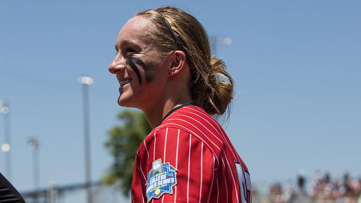 Nebraska Cornhuskers pitcher Jordy Frahm smiles as she looks up to the crowd before the game against the Texas Longhorns during the NCAA Women’s College World Series at Devon Park. 