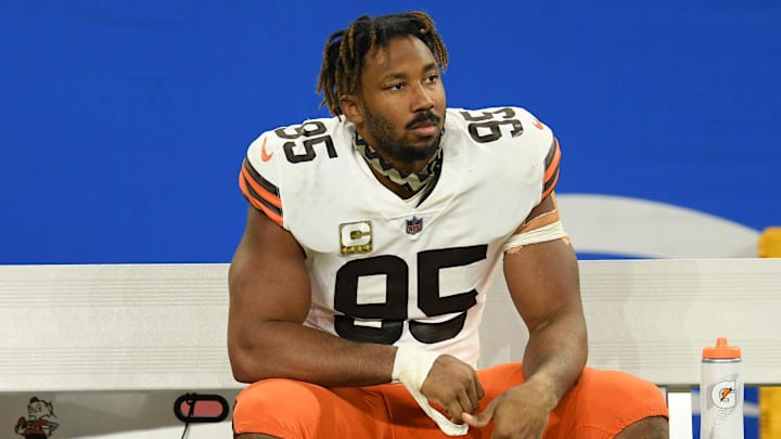 Nov 20, 2022; Detroit, Michigan, USA; Cleveland Browns defensive end Myles Garrett (95) sits by himself on the bench after the Browns lost to the Buffalo Bills at Ford Field. Mandatory Credit: Lon Horwedel-Imagn Images
