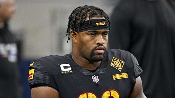 Oct 2, 2022; Arlington, Texas, USA; Washington Commanders defensive tackle Jonathan Allen (93) warms up before the game between the Dallas Cowboys and the Washington Commanders AT&T Stadium. Mandatory Credit: Jerome Miron-Imagn Images Oct 2, 2022; Arlington, Texas, USA; Washington Commanders defensive tackle Jonathan Allen (93) warms up before the game between the Dallas Cowboys and the Washington Commanders AT&T Stadium. Mandatory Credit: Jerome Miron-Imagn Images