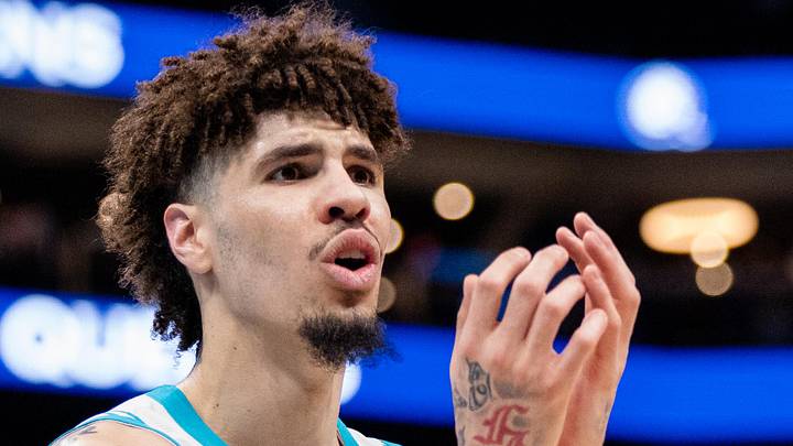 Charlotte Hornets guard LaMelo Ball (1) reacts to a foul during the third quarter against the Cleveland Cavaliers at Spectrum Center on Mar 7, 2025.