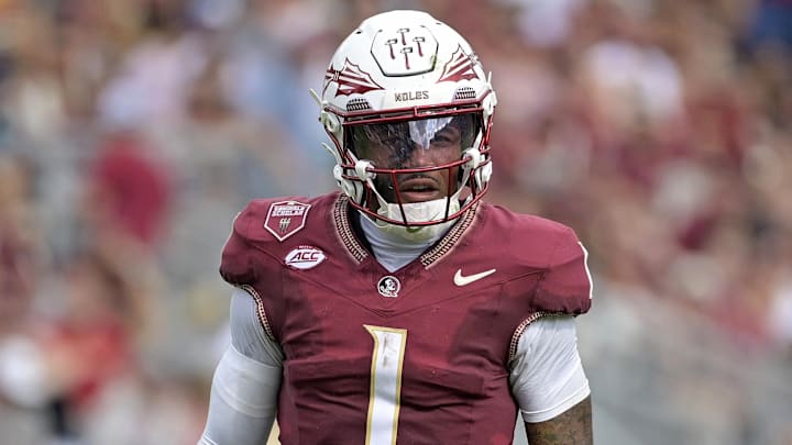 Sep 20, 2025; Tallahassee, Florida, USA; Florida State Seminoles quarterback Thomas Castellanos (1) during the first half against the Kent State Golden Flashes at Doak S. Campbell Stadium. Mandatory Credit: Melina Myers-Imagn Images