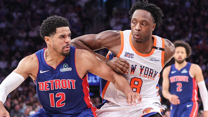 Detroit Pistons forward Tobias Harris (12) drives against New York Knicks forward OG Anunoby (8) in the second quarter during game five of first round for the 2025 NBA Playoffs at Madison Square Garden.