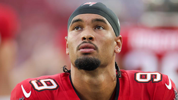 Tampa Bay Buccaneers wide receiver Emeka Egbuka looks on before a preseason game against the Tennessee Titans. Tampa Bay Buccaneers wide receiver Emeka Egbuka looks on before a preseason game against the Tennessee Titans.
