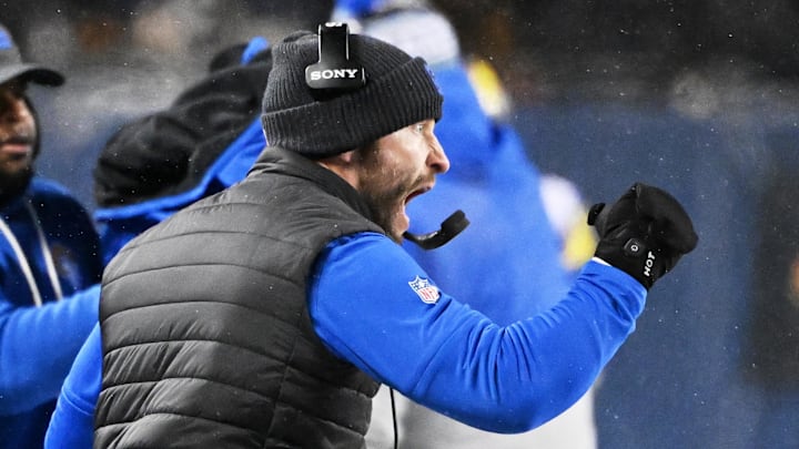 Jan 18, 2026; Chicago, IL, USA; Los Angeles Rams head coach Sean McVay reacts after a defensive stop against the Chicago Bears during the fourth quarter of an NFC Divisional Round game at Soldier Field. Mandatory Credit: Matt Marton-Imagn Images