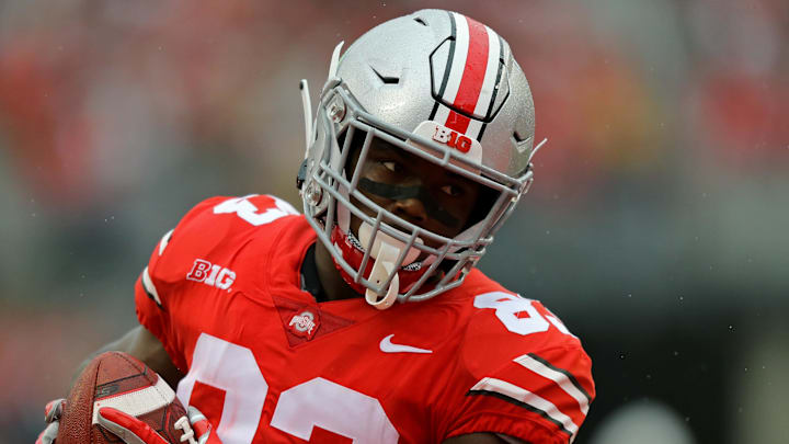 Sep 8, 2018; Columbus, OH, USA; Ohio State Buckeyes wide receiver Terry McLaurin (83) catches a pass for a touchdown against the Rutgers Scarlet Knights in the first half at Ohio Stadium. Mandatory Credit: Aaron Doster-Imagn Images