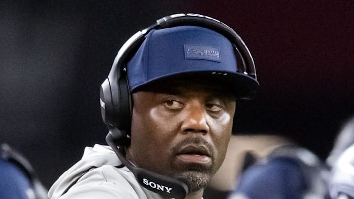 Sep 25, 2025; Glendale, Arizona, USA; Seattle Seahawks wide receivers coach Frisman Jackson against the Arizona Cardinals at State Farm Stadium. Mandatory Credit: Mark J. Rebilas-Imagn Images