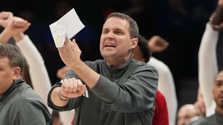 Mar 12, 2026; Charlotte, NC, USA; NC State Wolfpack head coach Will Wade reacts in the first half at Spectrum Center. Mandatory Credit: Bob Donnan-Imagn Images